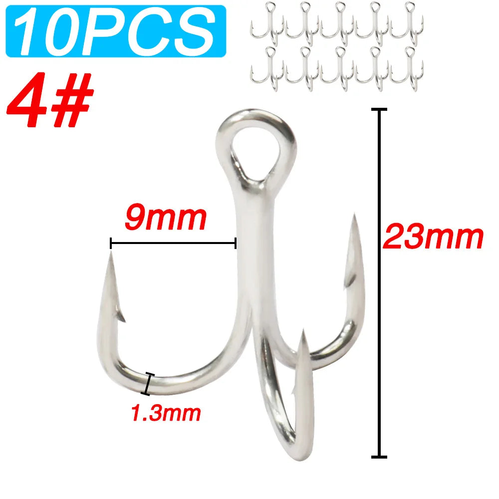 10PCS High Carbon Steel Treble Hooks – 5X Strong, Barbed, Anti-Rust Nickel Fishing Hooks for Lures & Carp Fishing (Size 8#–5/0)