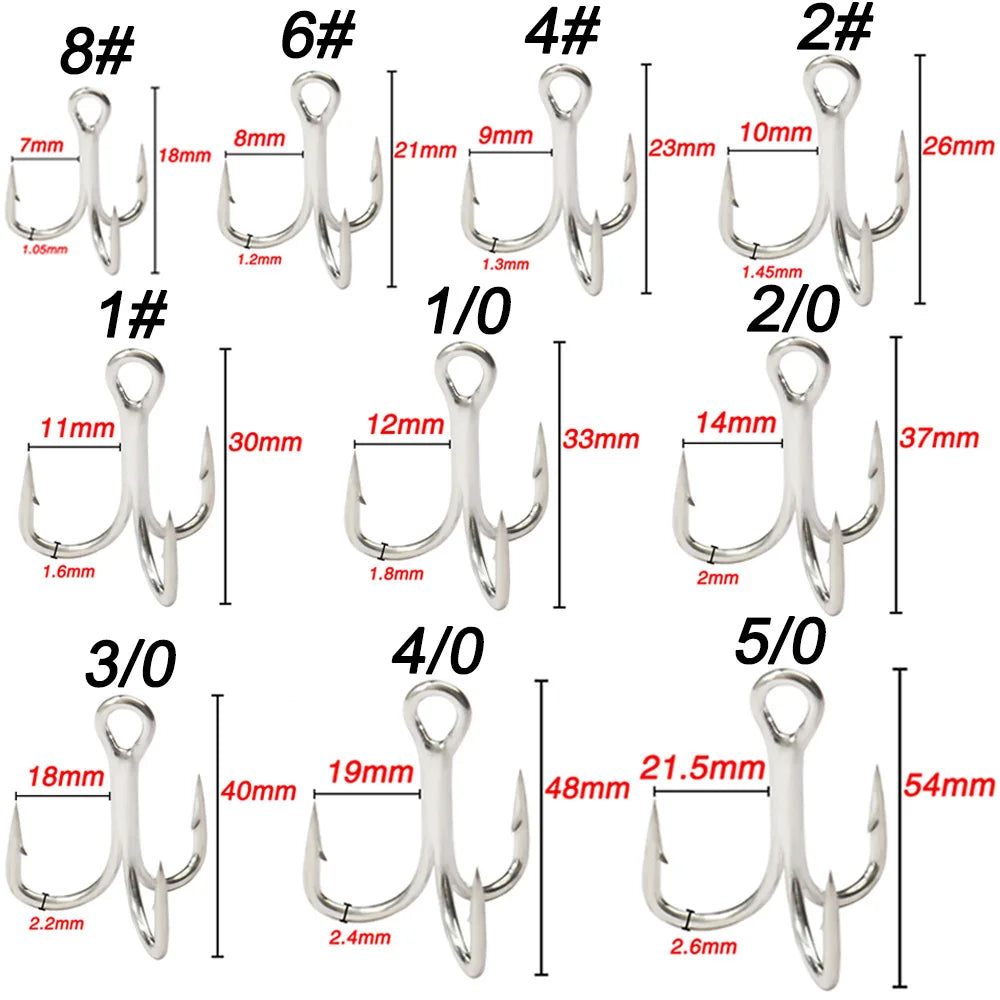 10PCS High Carbon Steel Treble Hooks – 5X Strong, Barbed, Anti-Rust Nickel Fishing Hooks for Lures & Carp Fishing (Size 8#–5/0)
