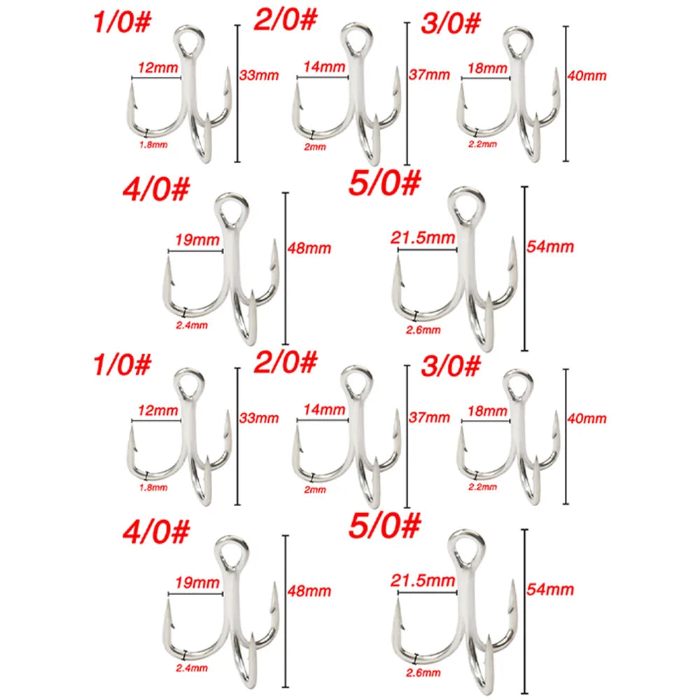 10PCS High Carbon Steel Treble Hooks – 5X Strong, Barbed, Anti-Rust Nickel Fishing Hooks for Lures & Carp Fishing (Size 8#–5/0)