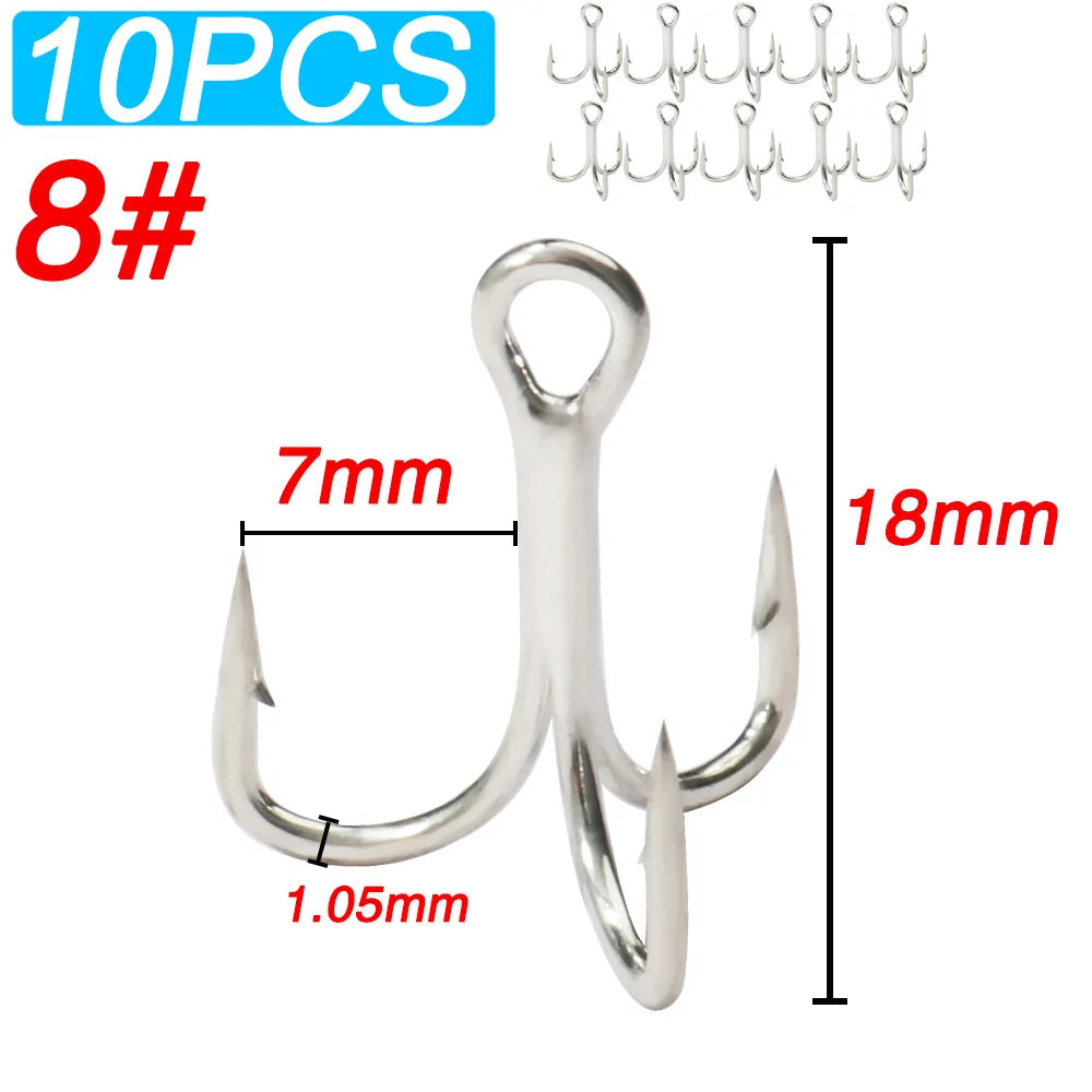 10PCS High Carbon Steel Treble Hooks – 5X Strong, Barbed, Anti-Rust Nickel Fishing Hooks for Lures & Carp Fishing (Size 8#–5/0)