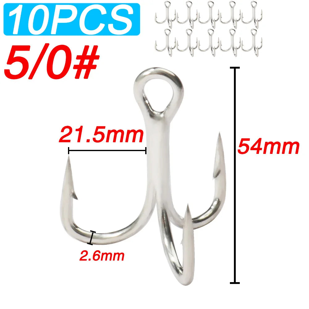 10PCS High Carbon Steel Treble Hooks – 5X Strong, Barbed, Anti-Rust Nickel Fishing Hooks for Lures & Carp Fishing (Size 8#–5/0)