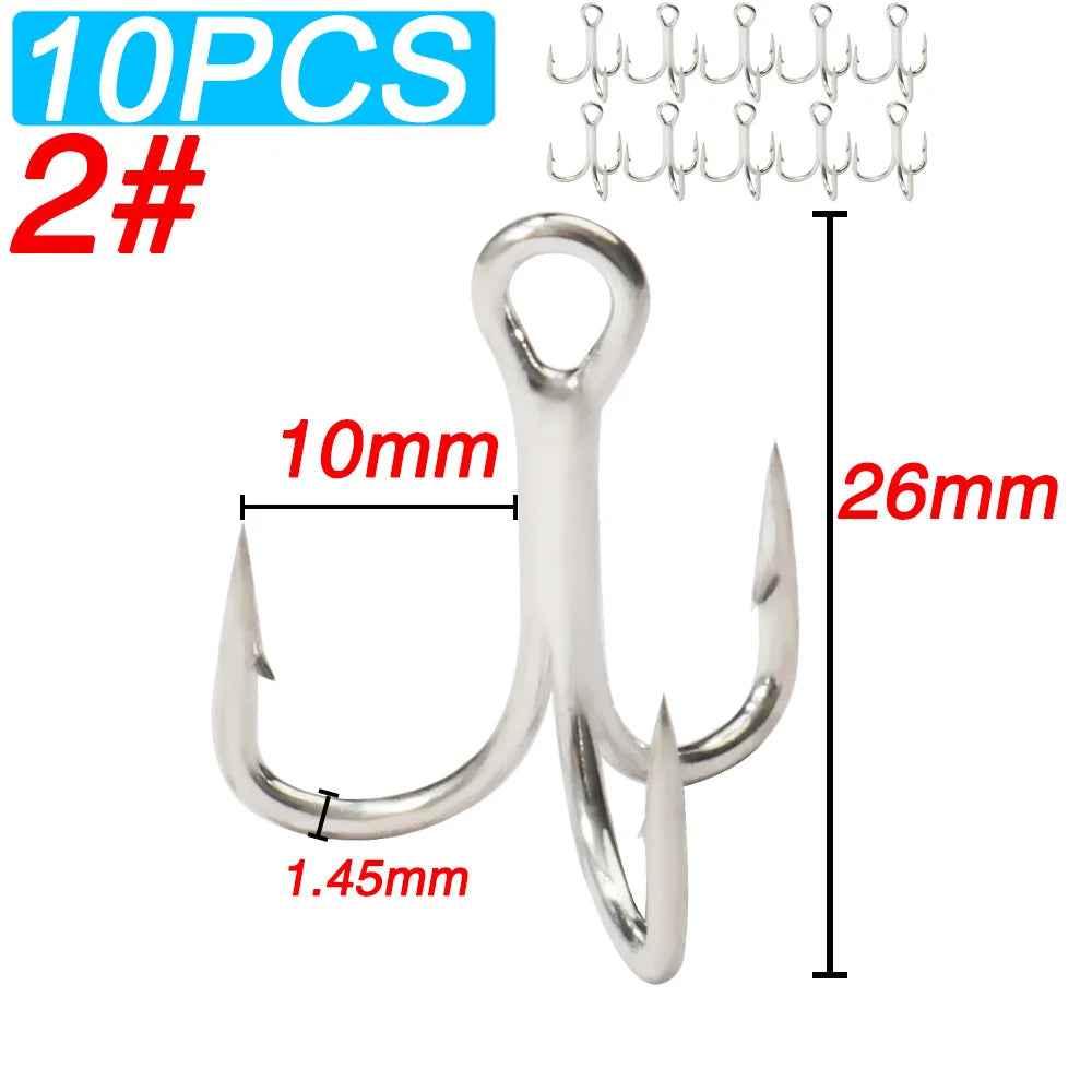 10PCS High Carbon Steel Treble Hooks – 5X Strong, Barbed, Anti-Rust Nickel Fishing Hooks for Lures & Carp Fishing (Size 8#–5/0)