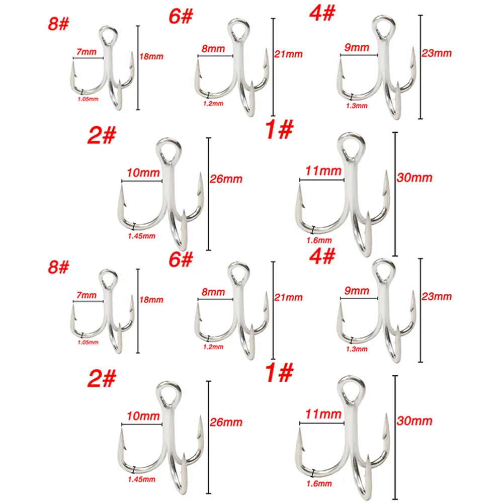 10PCS High Carbon Steel Treble Hooks – 5X Strong, Barbed, Anti-Rust Nickel Fishing Hooks for Lures & Carp Fishing (Size 8#–5/0)