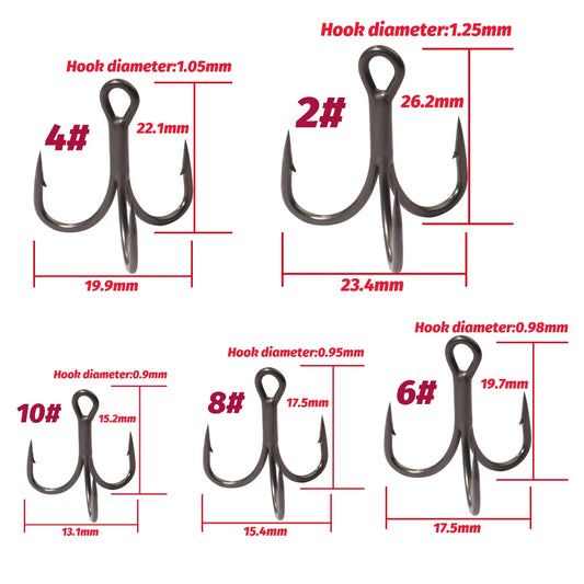 20PCS Teflon Treble Hooks – Sharp Barbed High Carbon Steel Fishing Hooks, Anti-Rust Nickel Coated, Sizes 2#–10# for Lure Fishing