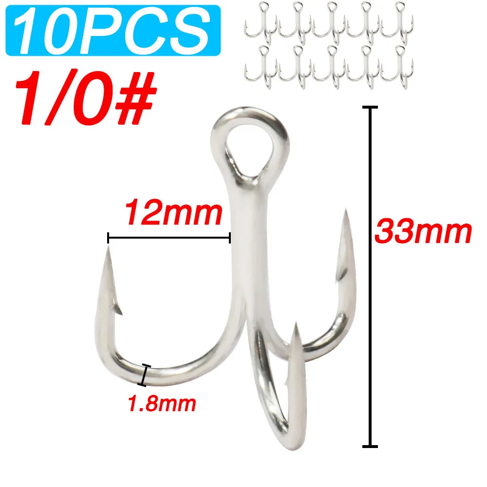 10PCS High Carbon Steel Treble Hooks – 5X Strong, Barbed, Anti-Rust Nickel Fishing Hooks for Lures & Carp Fishing (Size 8#–5/0)