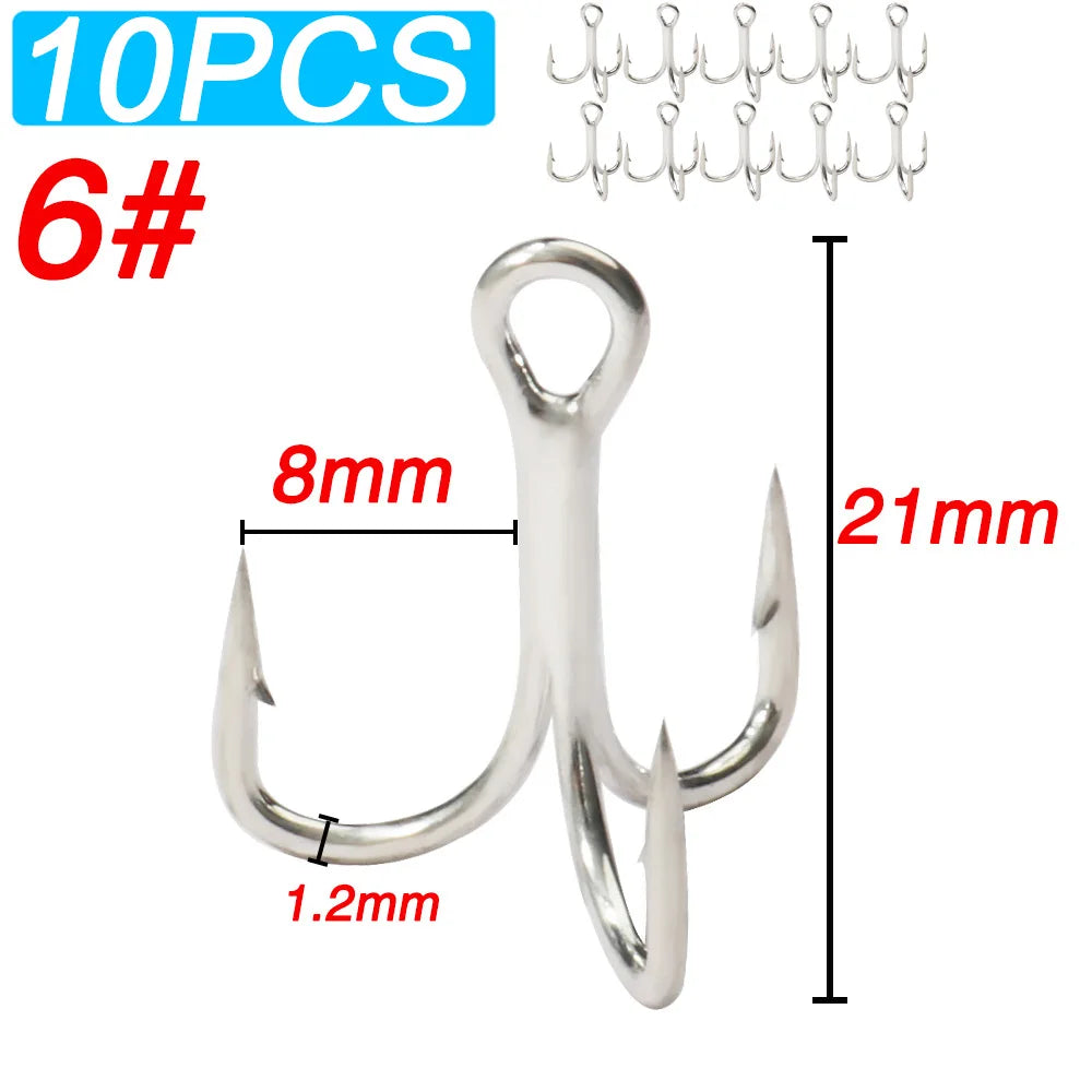 10PCS High Carbon Steel Treble Hooks – 5X Strong, Barbed, Anti-Rust Nickel Fishing Hooks for Lures & Carp Fishing (Size 8#–5/0)