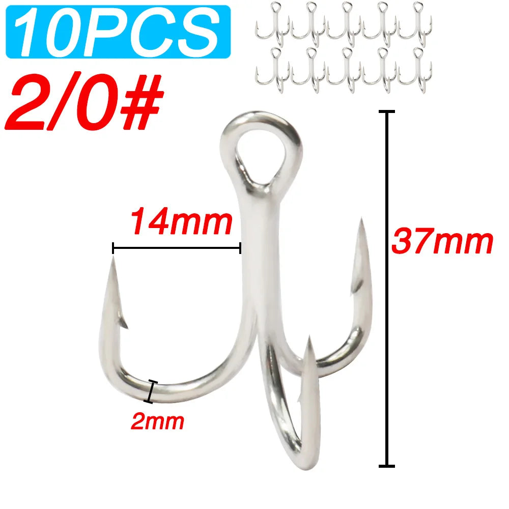 10PCS High Carbon Steel Treble Hooks – 5X Strong, Barbed, Anti-Rust Nickel Fishing Hooks for Lures & Carp Fishing (Size 8#–5/0)