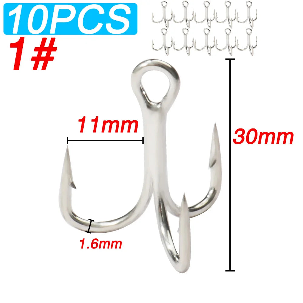 10PCS High Carbon Steel Treble Hooks – 5X Strong, Barbed, Anti-Rust Nickel Fishing Hooks for Lures & Carp Fishing (Size 8#–5/0)