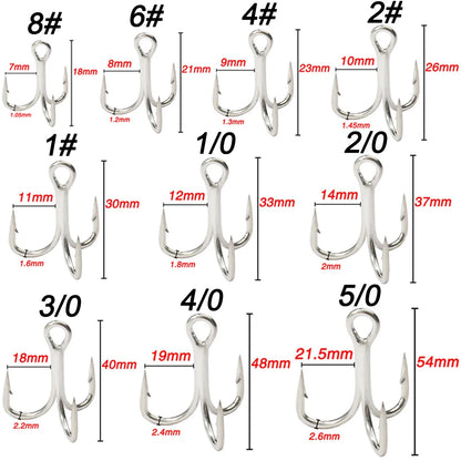 10PCS High Carbon Steel Treble Hooks – 5X Strong, Barbed, Anti-Rust Nickel Fishing Hooks for Lures & Carp Fishing (Size 8#–5/0)