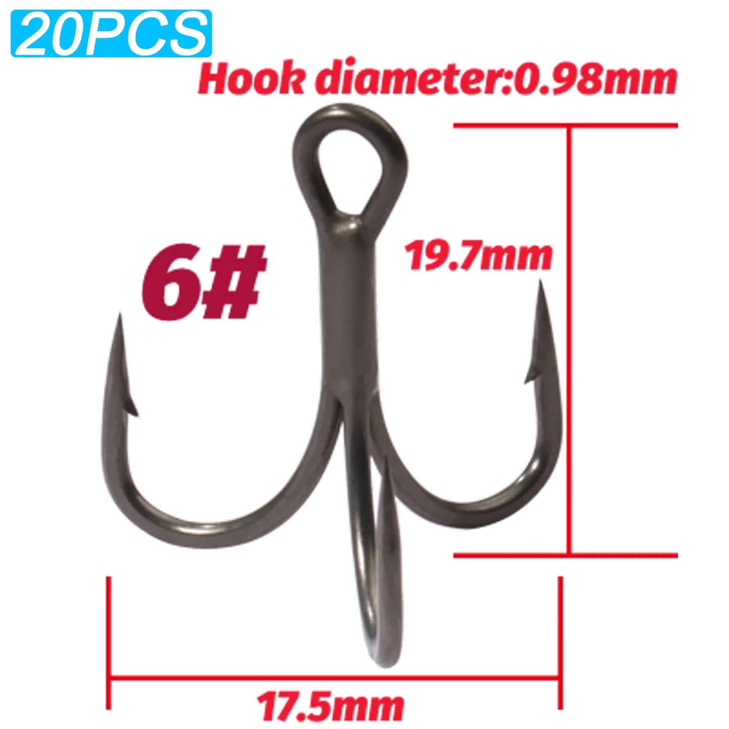 20PCS Teflon Treble Hooks – Sharp Barbed High Carbon Steel Fishing Hooks, Anti-Rust Nickel Coated, Sizes 2#–10# for Lure Fishing