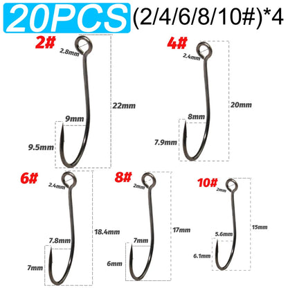 20PCS Big Eye Single Hooks – Sharp Barbed Carbon Steel Circle Fishing Hooks for Worms, Lures & Fly Fishing (Size 2#–10#)