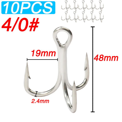 10PCS High Carbon Steel Treble Hooks – 5X Strong, Barbed, Anti-Rust Nickel Fishing Hooks for Lures & Carp Fishing (Size 8#–5/0)