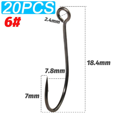 20PCS Big Eye Single Hooks – Sharp Barbed Carbon Steel Circle Fishing Hooks for Worms, Lures & Fly Fishing (Size 2#–10#)