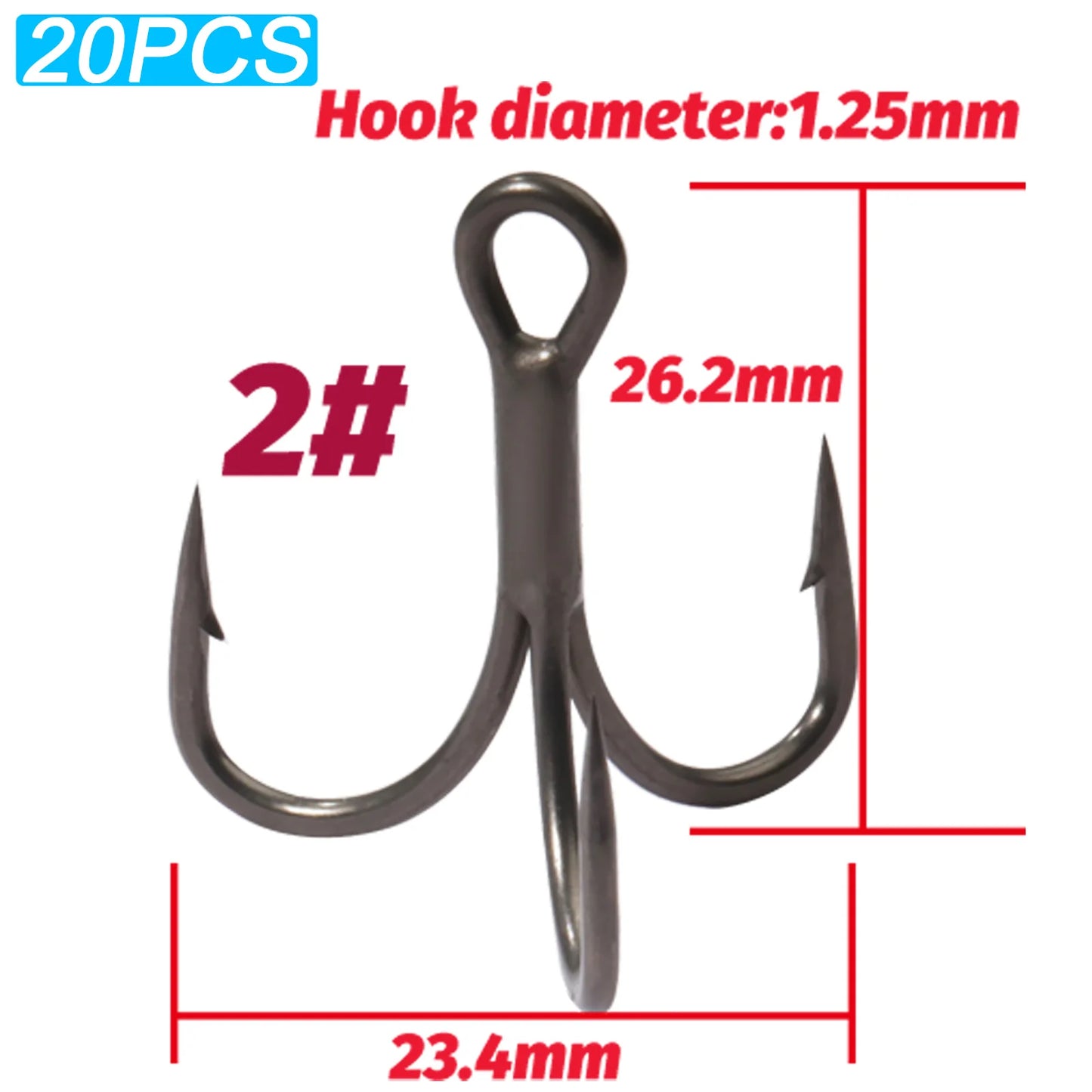 20PCS Teflon Treble Hooks – Sharp Barbed High Carbon Steel Fishing Hooks, Anti-Rust Nickel Coated, Sizes 2#–10# for Lure Fishing