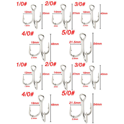 10PCS High Carbon Steel Treble Hooks – 5X Strong, Barbed, Anti-Rust Nickel Fishing Hooks for Lures & Carp Fishing (Size 8#–5/0)