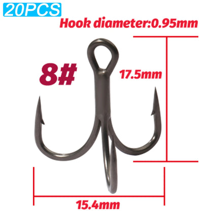 20PCS Teflon Treble Hooks – Sharp Barbed High Carbon Steel Fishing Hooks, Anti-Rust Nickel Coated, Sizes 2#–10# for Lure Fishing