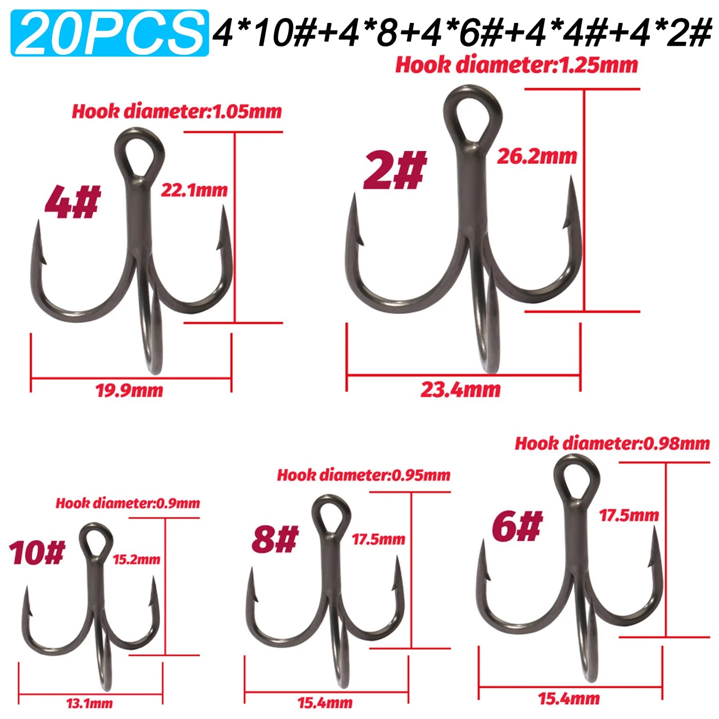 20PCS Teflon Treble Hooks – Sharp Barbed High Carbon Steel Fishing Hooks, Anti-Rust Nickel Coated, Sizes 2#–10# for Lure Fishing
