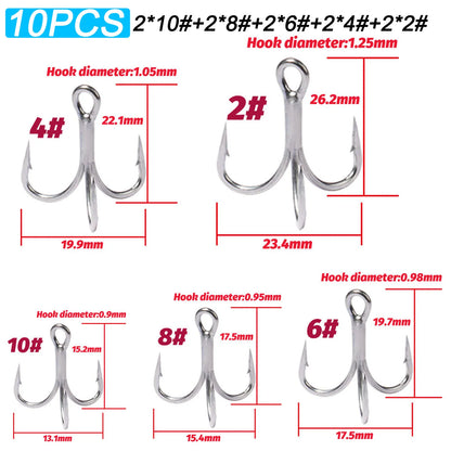 Treble Fishing Hooks – Sharp Barbed High Carbon Steel Hooks with Nickel Anti-Rust Coating, Sizes 2#–10# for Lures & Carp Fishing