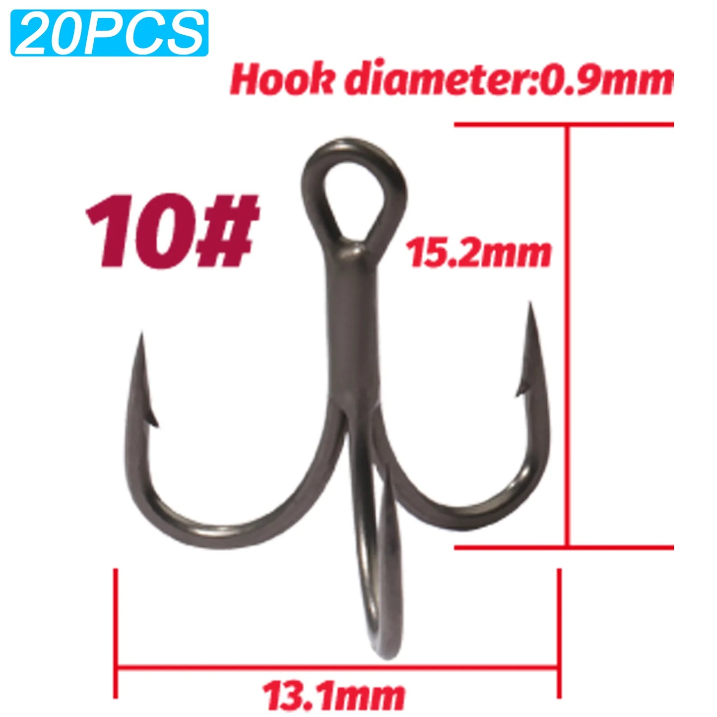 20PCS Teflon Treble Hooks – Sharp Barbed High Carbon Steel Fishing Hooks, Anti-Rust Nickel Coated, Sizes 2#–10# for Lure Fishing