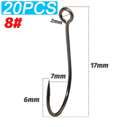 20PCS Big Eye Single Hooks – Sharp Barbed Carbon Steel Circle Fishing Hooks for Worms, Lures & Fly Fishing (Size 2#–10#)