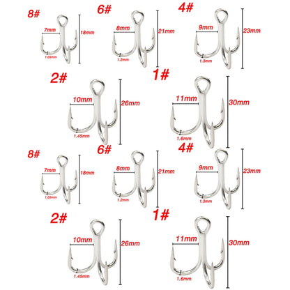 10PCS High Carbon Steel Treble Hooks – 5X Strong, Barbed, Anti-Rust Nickel Fishing Hooks for Lures & Carp Fishing (Size 8#–5/0)