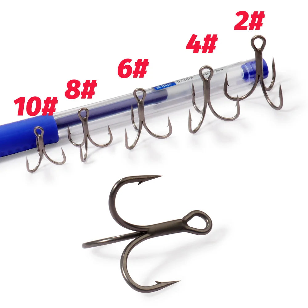20PCS Teflon Treble Hooks – Sharp Barbed High Carbon Steel Fishing Hooks, Anti-Rust Nickel Coated, Sizes 2#–10# for Lure Fishing