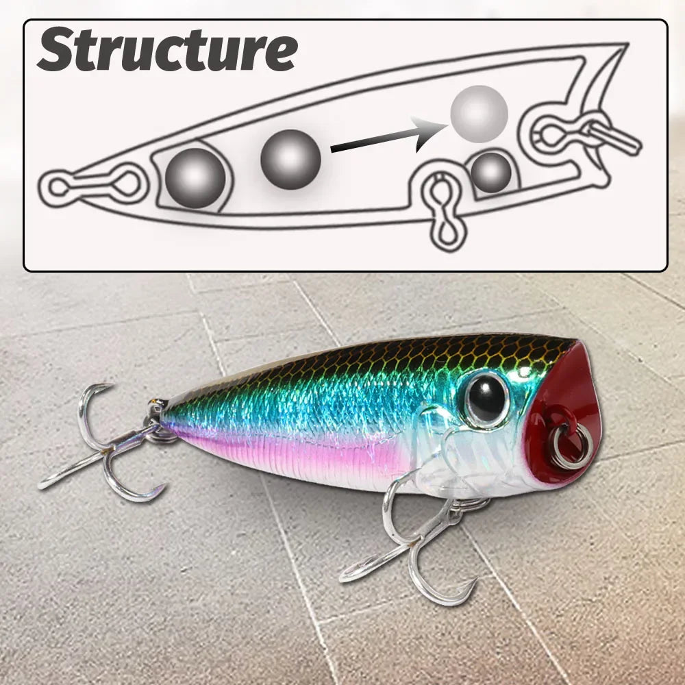 Top Water Popper 8g 6.5cm Lure Steel Ball Copper Ballast Balance Pesca Wobbler Floating Minnow Hook Tackle Rattle Cranbait Bait