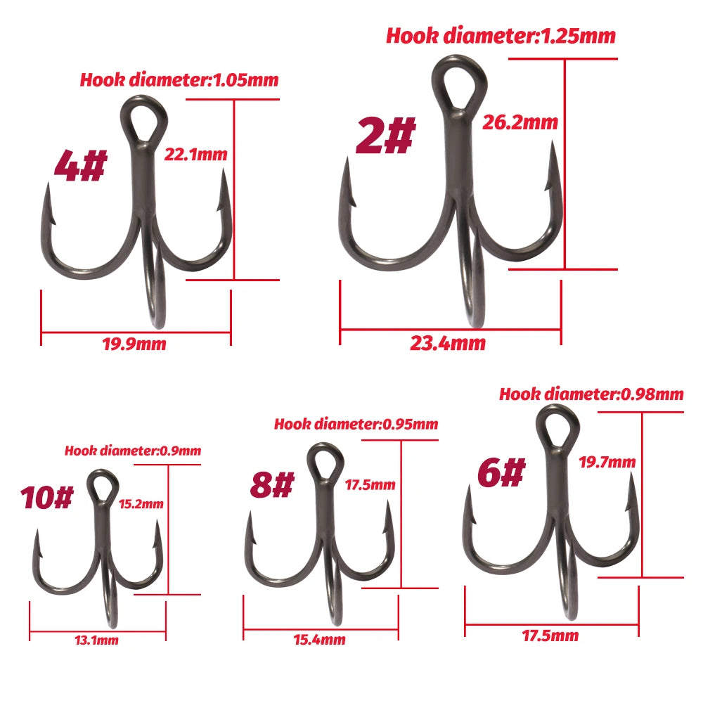 20PCS Teflon Treble Hooks – Sharp Barbed High Carbon Steel Fishing Hooks, Anti-Rust Nickel Coated, Sizes 2#–10# for Lure Fishing