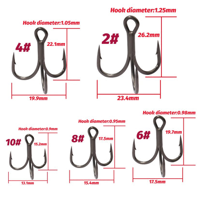 20PCS Teflon Treble Hooks – Sharp Barbed High Carbon Steel Fishing Hooks, Anti-Rust Nickel Coated, Sizes 2#–10# for Lure Fishing