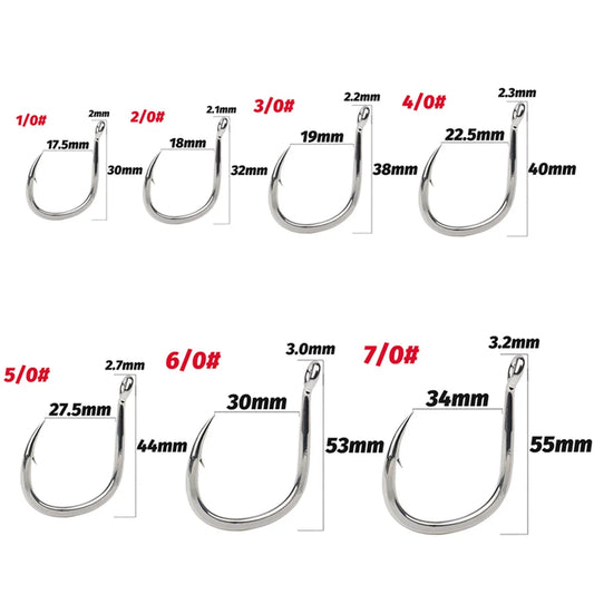 10PCS Heavy-Duty Circle Fishing Hooks – 1/0 to 7/0 Barbed Steel Alloy Big Fish Hooks, Anti-Rust & Ultra Sharp for Tuna & Saltwater Fishing