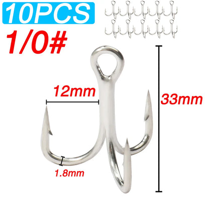 10PCS High Carbon Steel Treble Hooks – 5X Strong, Barbed, Anti-Rust Nickel Fishing Hooks for Lures & Carp Fishing (Size 8#–5/0)