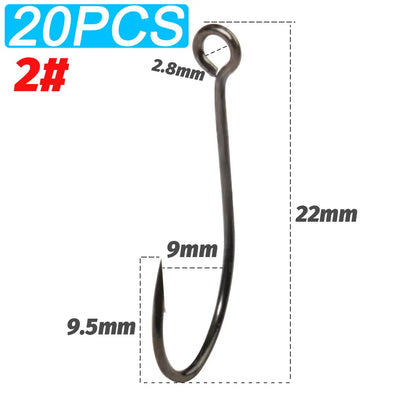 20PCS Big Eye Single Hooks – Sharp Barbed Carbon Steel Circle Fishing Hooks for Worms, Lures & Fly Fishing (Size 2#–10#)