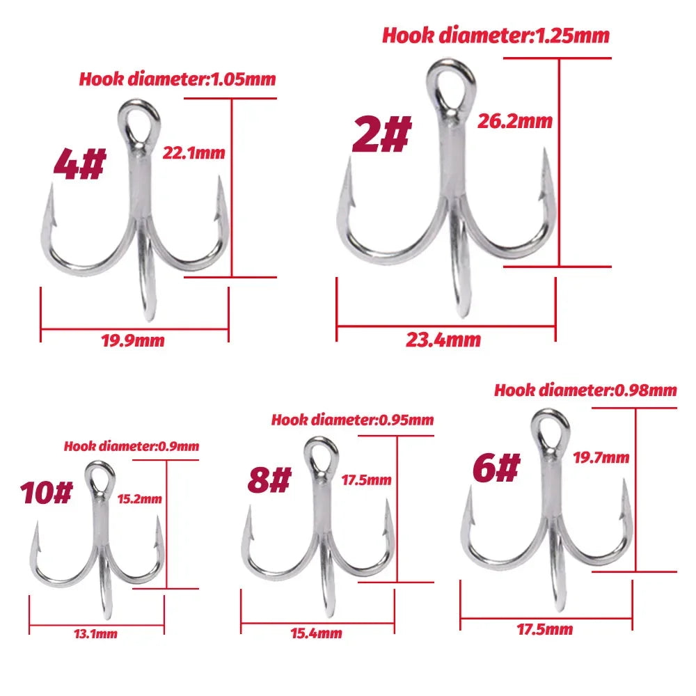 Treble Fishing Hooks – Sharp Barbed High Carbon Steel Hooks with Nickel Anti-Rust Coating, Sizes 2#–10# for Lures & Carp Fishing