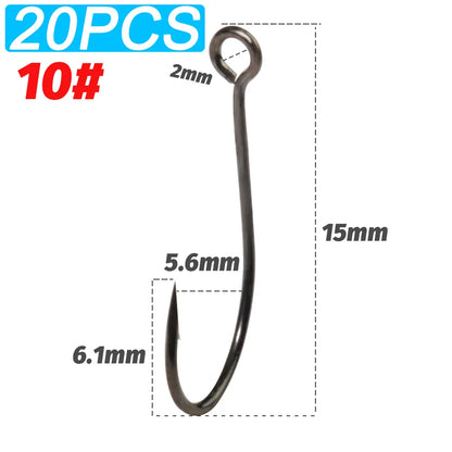 20PCS Big Eye Single Hooks – Sharp Barbed Carbon Steel Circle Fishing Hooks for Worms, Lures & Fly Fishing (Size 2#–10#)