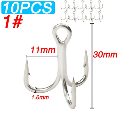 10PCS High Carbon Steel Treble Hooks – 5X Strong, Barbed, Anti-Rust Nickel Fishing Hooks for Lures & Carp Fishing (Size 8#–5/0)