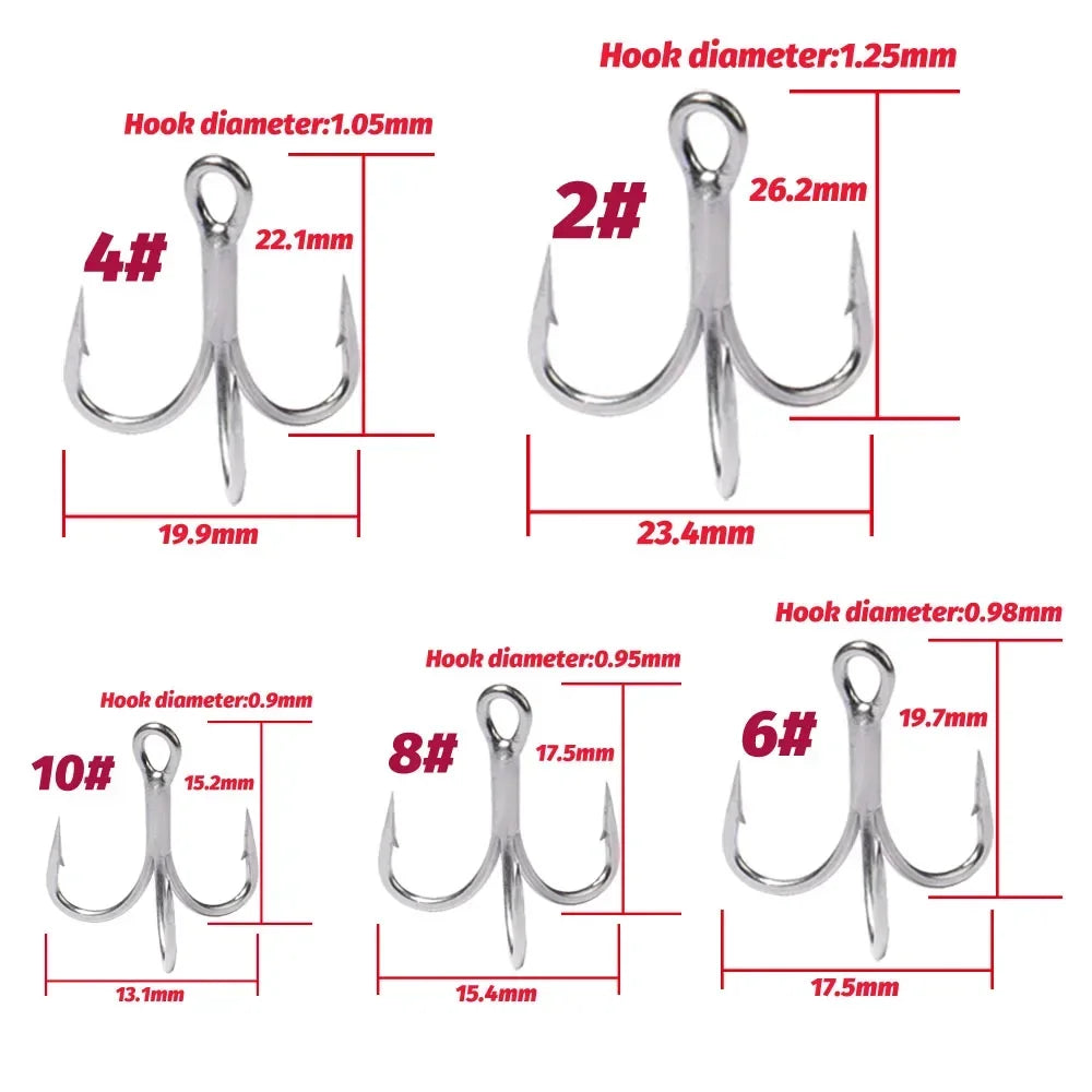 Treble Fishing Hooks – Sharp Barbed High Carbon Steel Hooks with Nickel Anti-Rust Coating, Sizes 2#–10# for Lures & Carp Fishing