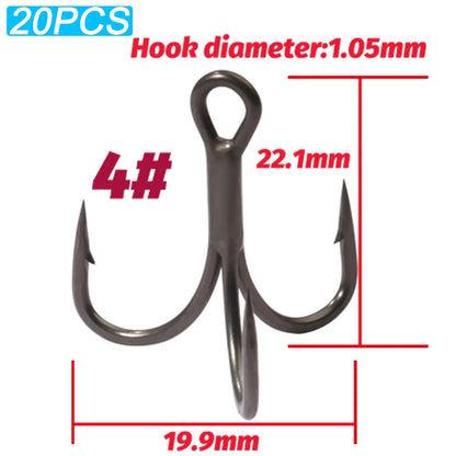 20PCS Teflon Treble Hooks – Sharp Barbed High Carbon Steel Fishing Hooks, Anti-Rust Nickel Coated, Sizes 2#–10# for Lure Fishing